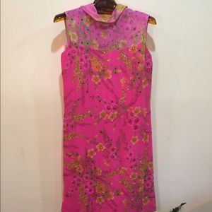 VINTAGE Fully Rhinestone Dress Floral Print Lined